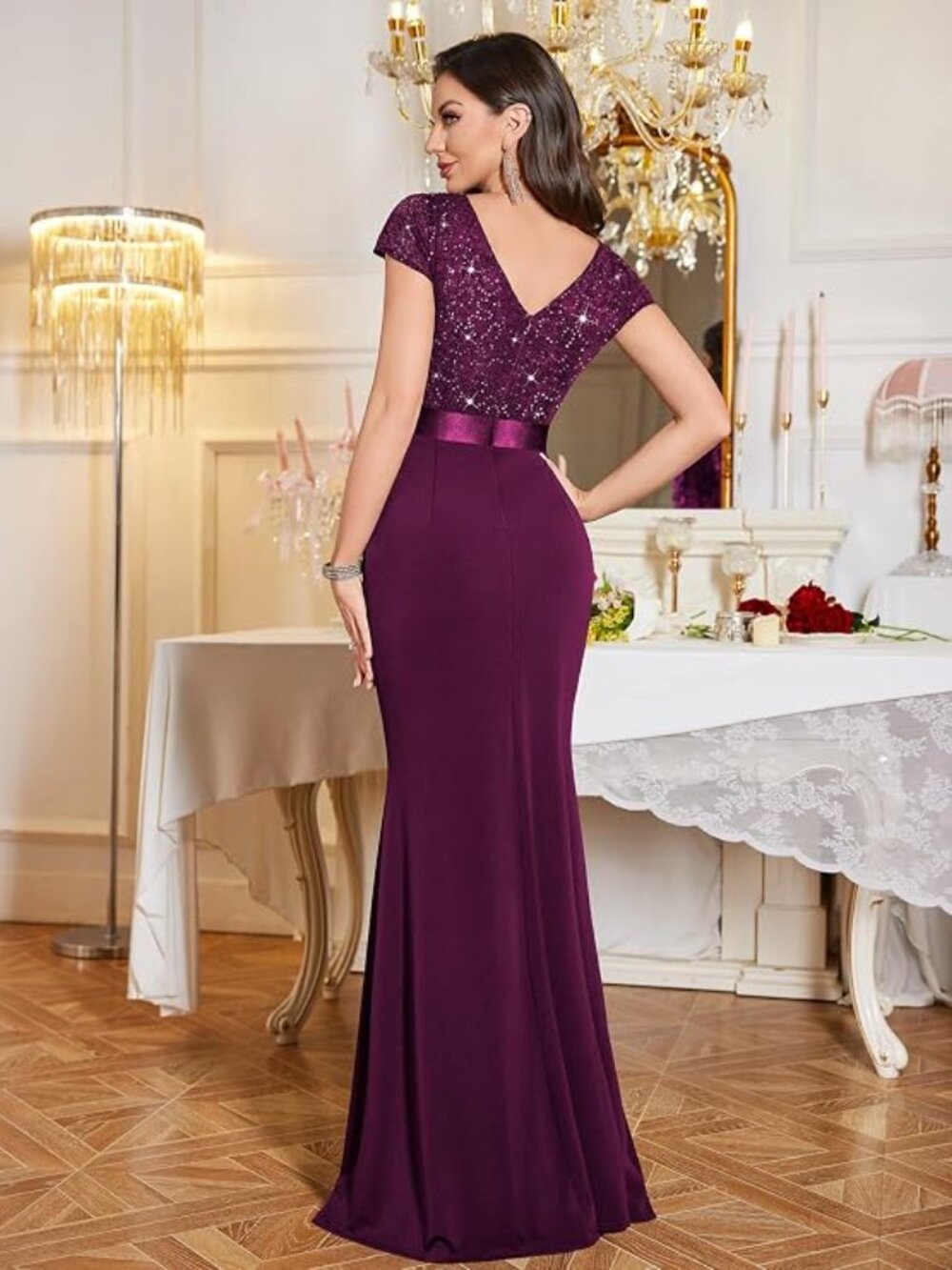 Women's Deep V-Neck Lace Sequin Pleated Evening Formal Dress MAROON - Picture 4 of 6